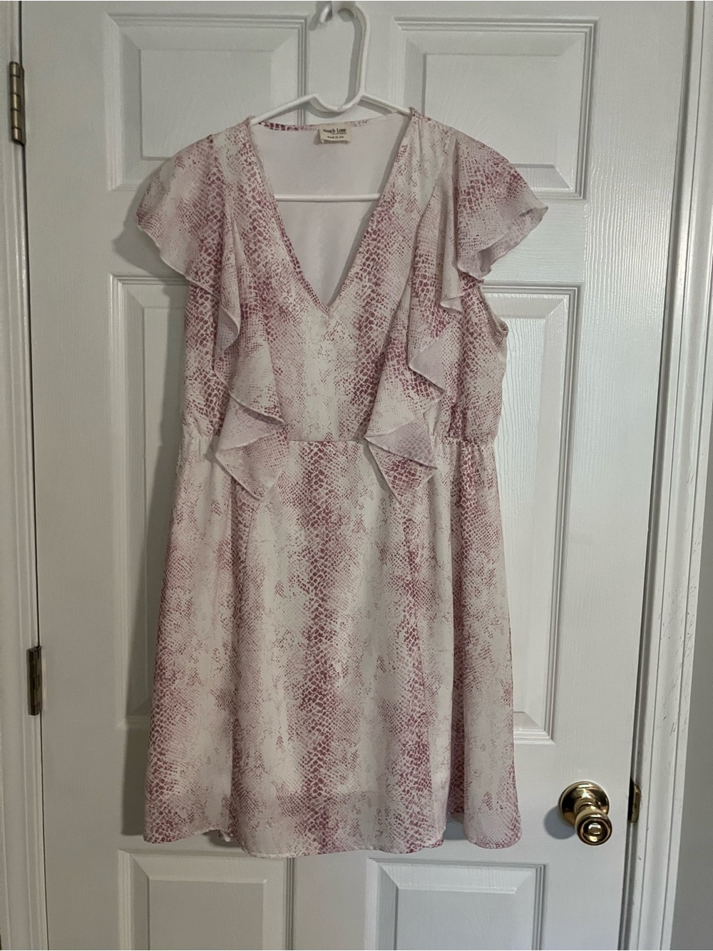 Peach Love California Pink Snake-Print Ruffle V-Neck Dress